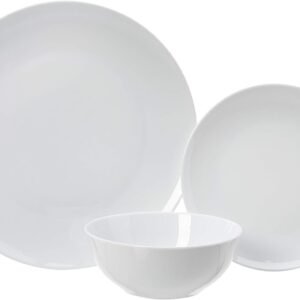 Basics 18-Piece Complete Kitchen Dinnerware Set, Microwave and Dishwasher Safe, Plates, Dishes, Bowls for Everyday Use, Service for 6, White Porcelain Coupe